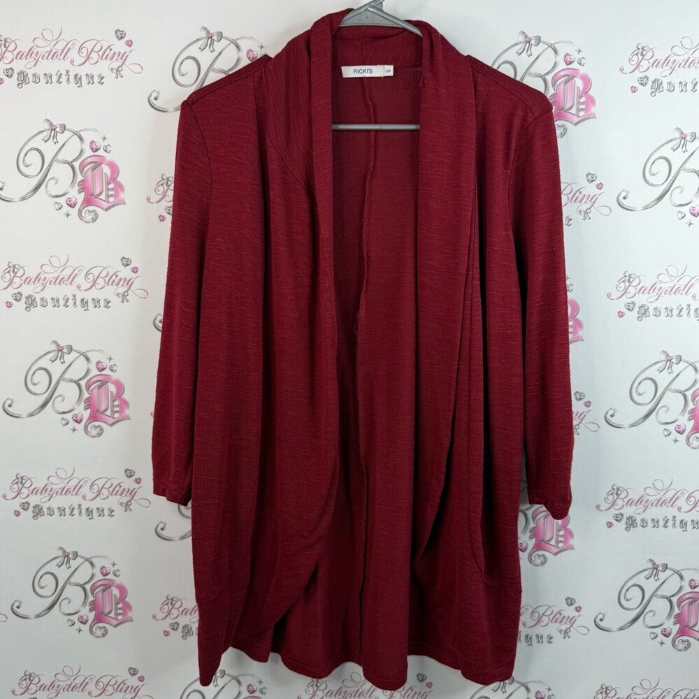 Ricki's cardigan open waterfall style wine burgundy Deep Red Open Front Cardigan